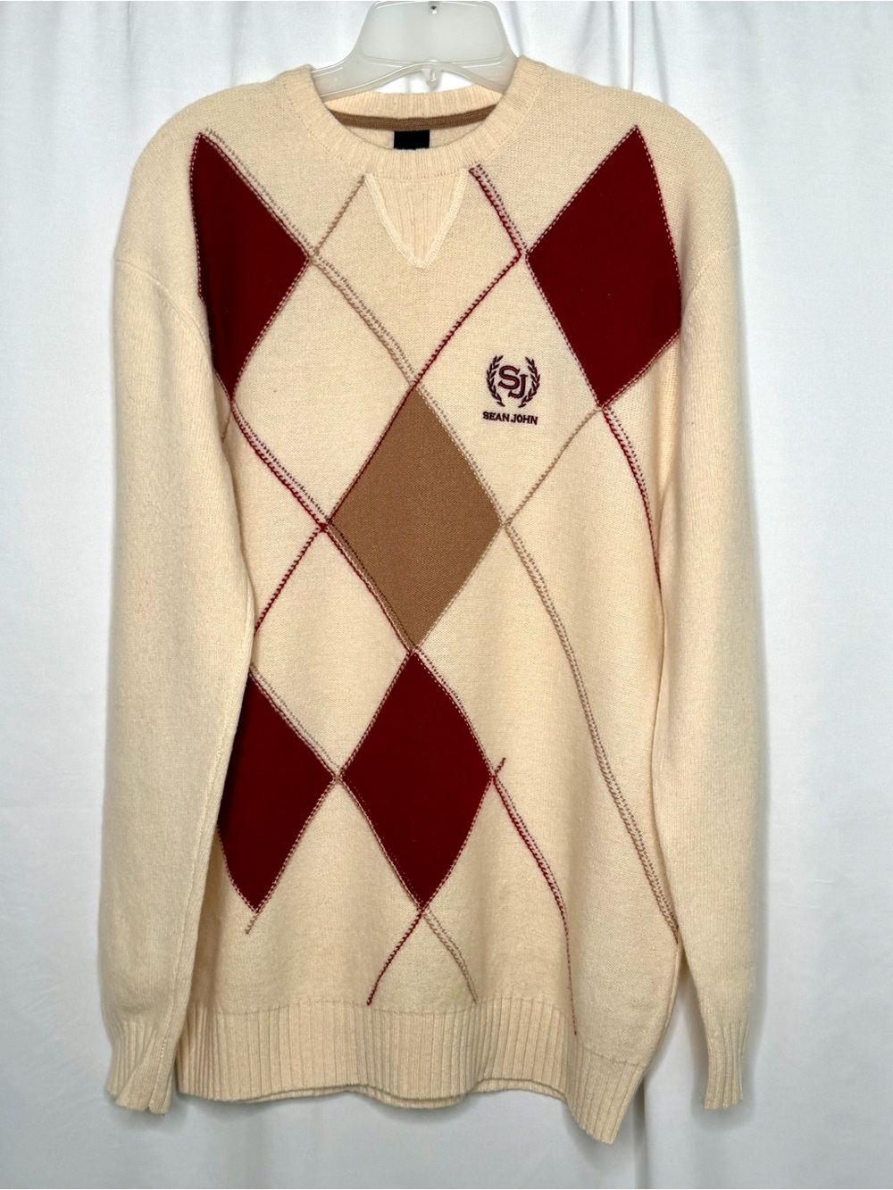 Sean John Cream Crewneck Sweater with Red & Brown Argyle